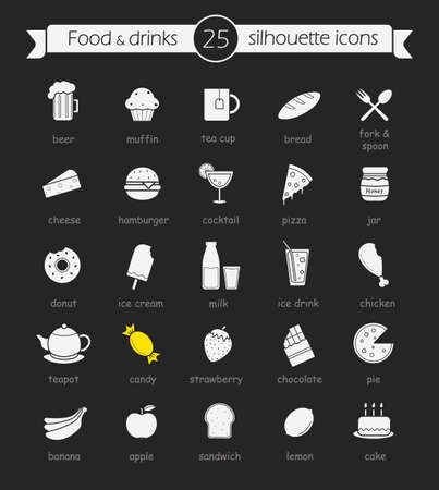 Food and drinks chalk icons set. Alcohol, fruits and vegetables, dairy products, bakery and sweets. Restaurant and cafe menu items. Isolated vector chalkboard illustrationsのイラスト素材