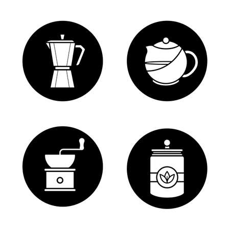 Tea and coffee icons set. Brewing teapot, classic coffee maker, vintage grinder, tea jar. Vector white silhouettes illustrations in black circlesのイラスト素材