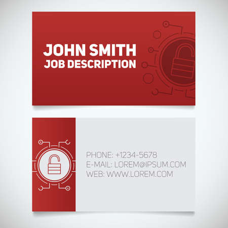 Business card print template with lock logo. Easy edit. Manager. Cyber security. Data protection. Padlock in microchip pathways. Stationery design concept. Vector illustrationのイラスト素材