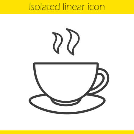 Tea cup linear icon. Thin line illustration. Hot steaming coffee cup on plate. Contour symbol. Vector isolated outline drawingのイラスト素材