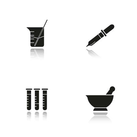 Chemical laboratory drop shadow black icons set. Lab tools. Test tubes, beaker with rod and liquid, mortar and pestle, pipette. Isolated vector illustrationsのイラスト素材