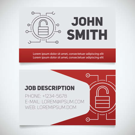 Business card print template with open lock logo. Easy edit. Digital security. Personal data. Padlock in microchip pathways. Stationery design concept. Vector illustrationのイラスト素材