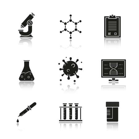 Science laboratory drop shadow black icons set. Microscope, molecular structure, tests checklist, beaker with liquid, virus, lab computer, pipette, test tubes and jar. Isolated vector illustrationsのイラスト素材