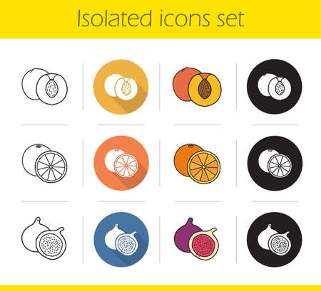 Fruit icons set. Flat design, linear, black and color styles. Halved apricot, open orange, cutted common fig. Isolated vector illustrationsのイラスト素材