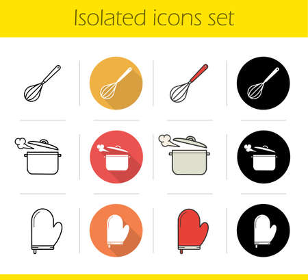 Kitchenware icons set. Flat design, linear, black and color styles. Kitchen instruments. Whisk, boiling saucepan, pot holder. Isolated vector illustrationsのイラスト素材