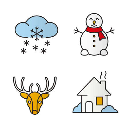 Winter season color icons set. Snowman, reindeer, house, winter snowfall. Isolated vector illustrationsのイラスト素材