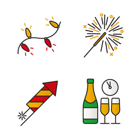 Christmas color icons set. New Year's Eve. Christmas tree garland, rocket firework, sparkler, champagne bottle and glasses. Isolated vector illustrationsのイラスト素材