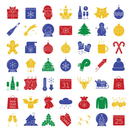 Christmas icons set. New Year color silhouette symbols. Xmas angel, mittens, baubles, candle, sleigh with gifts, deer, cap, firework, sweater, scarf, temperature. Vector isolated illustrationのイラスト素材