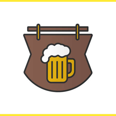Wooden bar sign color icon. Tavern. Pub signboard with foamy beer glass. Isolated vector illustrationのイラスト素材