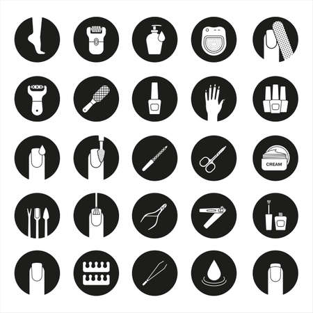 Manicure and pedicure icons set. Nail polish, scissors, epilator, spa bath, soap, cream, tweezers, foot rasp, cuticle nipper. Vector white silhouettes illustrations in black circlesのイラスト素材