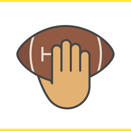 Hand throwing american football ball color icon. Hand holding rugby ball. Inning. Isolated vector illustrationのイラスト素材