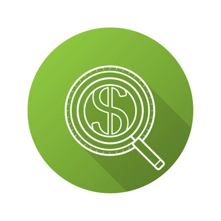 Money search flat linear long shadow icon. Magnifying glass with dollar sign. Market analysis and business analytics. Vector line symbolのイラスト素材