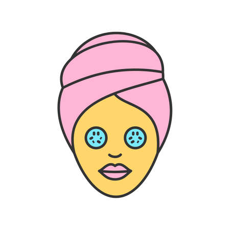 Spa procedure color icon. Woman with cucumber facial mask. Isolated vector illustrationのイラスト素材