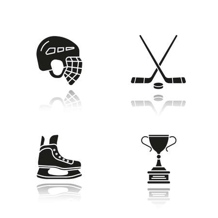 Hockey equipment drop shadow black icons set. Helmet, ice skate, sticks, winner's award. Isolated vector illustrationsのイラスト素材