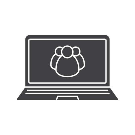 Laptop with users group icon. Silhouette symbol. Laptop with group of people. Negative space. Vector isolated illustrationのイラスト素材
