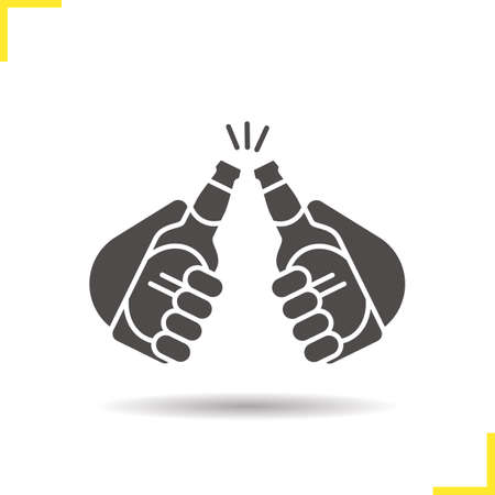 Toasting beer bottles icon. Drop shadow cheers silhouette symbol. Hands holding beer bottles. Negative space. Vector isolated illustrationのイラスト素材