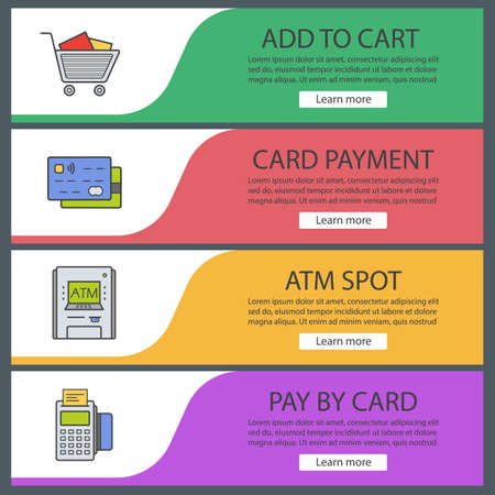Supermarket banner templates set. Shopping cart, credit cards, pos terminal, atm machine. Website menu items. Color web banner. Vector headers design conceptsのイラスト素材