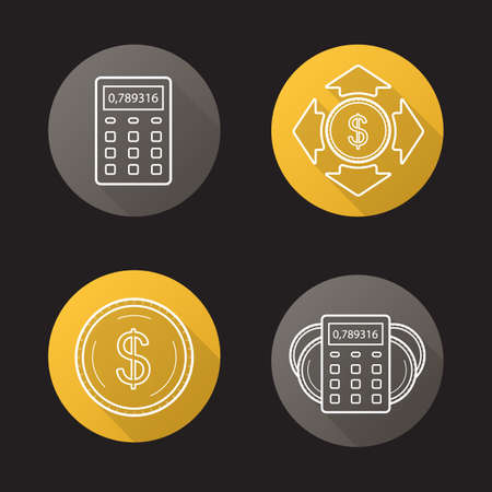 Banking and finance. Flat linear long shadow icons set. Calculator, dollar coin, money spending, income calculations. Personal financial planning. Vector line illustrationのイラスト素材