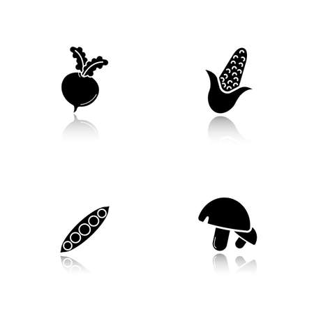 Vegetables drop shadow black icons set. Beet root, open peapod, mushrooms, corn. Isolated vector illustrationsのイラスト素材