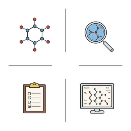 Science lab color icons set. Molecule, laboratory computer, molecular structure analysis, tests checklist. Isolated vector illustrationsのイラスト素材