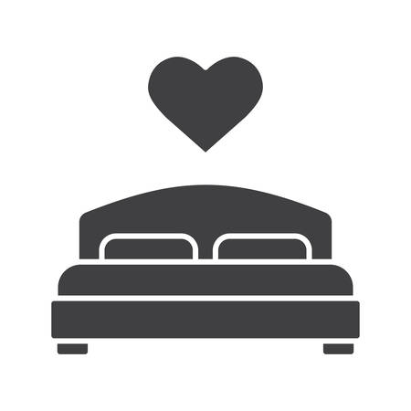 Lovers bed glyph icon. Silhouette symbol. Double bed with heart shape above. Negative space. Vector isolated illustrationのイラスト素材