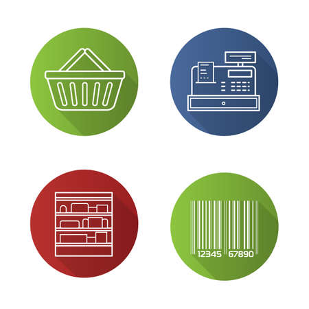 Supermarket flat linear long shadow icons set. Shopping basket, cash register, bar code, shop shelves. Grocery store items. Vector line illustrationのイラスト素材