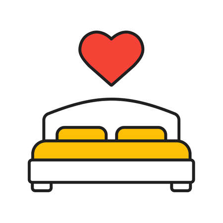 Lovers bed color icon. Double bed with heart shape above. Isolated vector illustrationのイラスト素材