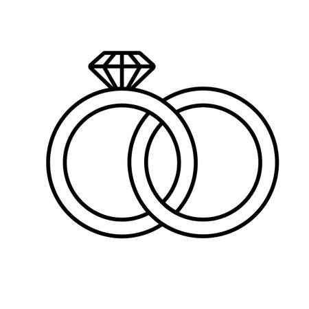 Wedding rings linear icon. Thin line illustration. Interlocked wedding ring with diamond contour symbol. Vector isolated outline drawingのイラスト素材