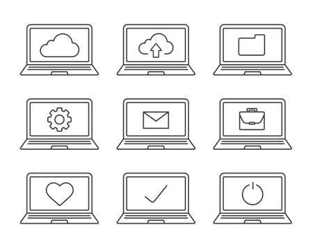 Laptops linear icons set. Laptops with folder, settings, cloud computing, email, tick, heart, briefcase, turn off button. Thin line contour symbols. Isolated vector illustrationsのイラスト素材