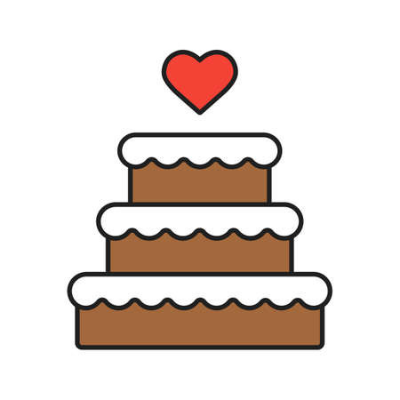Wedding cake color icon. Chocolate cake with heart shape above. Isolated vector illustrationsのイラスト素材