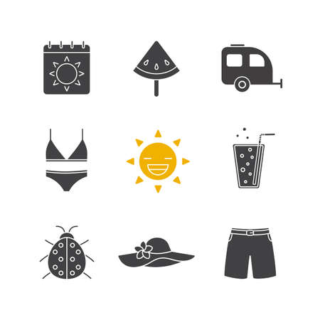 Summer glyph icons set. Silhouette symbols. Calendar, watermelon slice on stick, trailer, swimsuit, rising sun, lemonade, ladybug, beach hat, swimming trunks. Vector isolated illustrationのイラスト素材