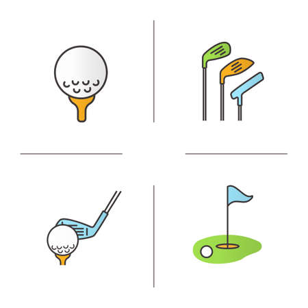 Golf color icons set. Golf course, clubs, ball on tee. Isolated vector illustrationsのイラスト素材