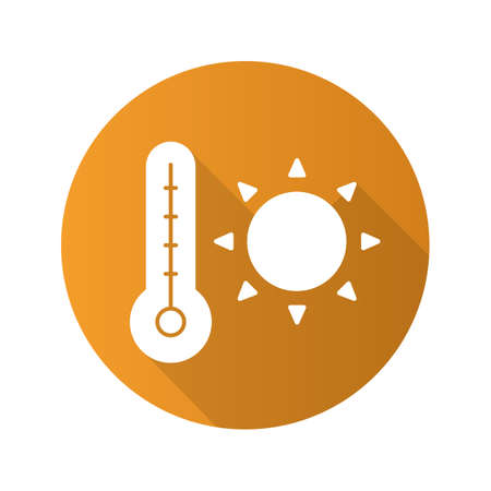 Summer heat flat design long shadow icon. Rising sun with thermometer. Summer weather. Vector silhouette symbolのイラスト素材