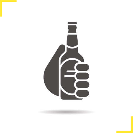 Hand with beer bottle glyph icon. Drop shadow silhouette symbol. Toasting hand holding beer. Negative space. Vector isolated illustrationのイラスト素材