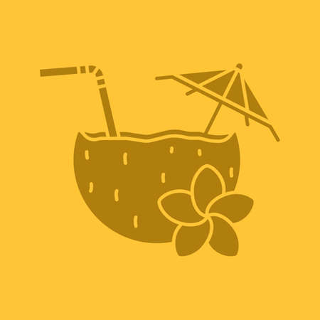 Beach cocktail glyph color icon. Silhouette symbol. Pina colada cocktail with straw, umbrella and plumeria flower. Negative space. Vector isolated illustrationのイラスト素材