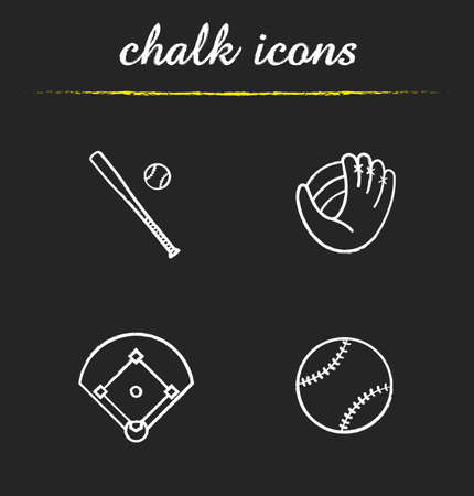 Baseball chalk icons set. Bat and ball, mitt, field. Softball equipment. Isolated vector chalkboard illustrationsのイラスト素材