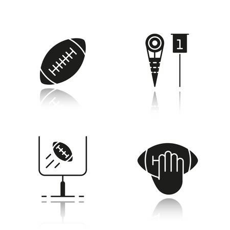 American football drop shadow black icons set. Hand holding rugby ball, goal sign, sideline markers. Isolated vector illustrationsのイラスト素材