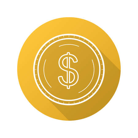 Gold dollar coin flat linear long shadow icon. Vector line symbolのイラスト素材