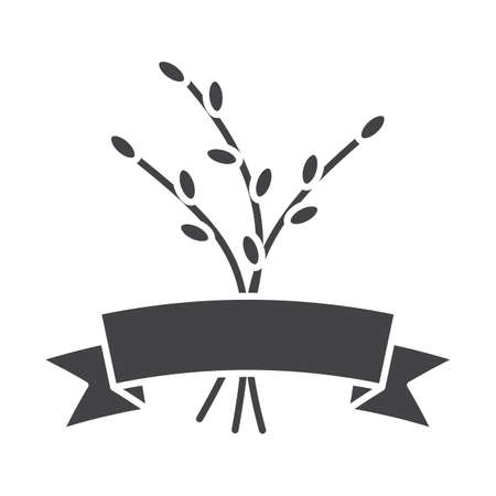 Willow branches with ribbon glyph icon. Silhouette symbol. Catkins. Negative space. Vector isolated illustrationのイラスト素材