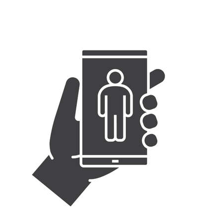 Hand holding smartphone glyph icon. Silhouette symbol. Smart phone with man. Negative space. Vector isolated illustrationのイラスト素材