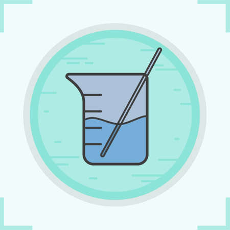 Beaker with rod and liquid color icon. Chemical experiment. Isolated vector illustrationのイラスト素材