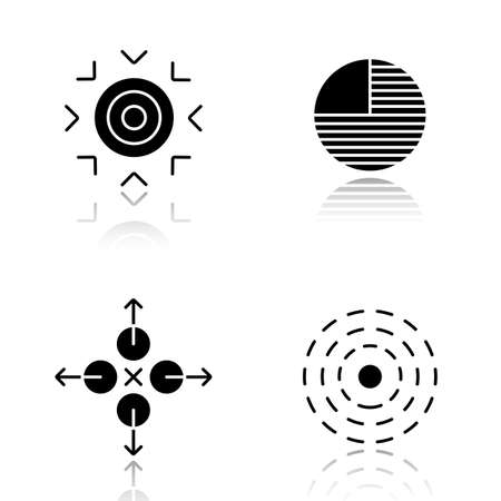 Abstract symbols drop shadow black icons set. Goal, part, directions, influence concepts. Isolated vector illustrationsのイラスト素材