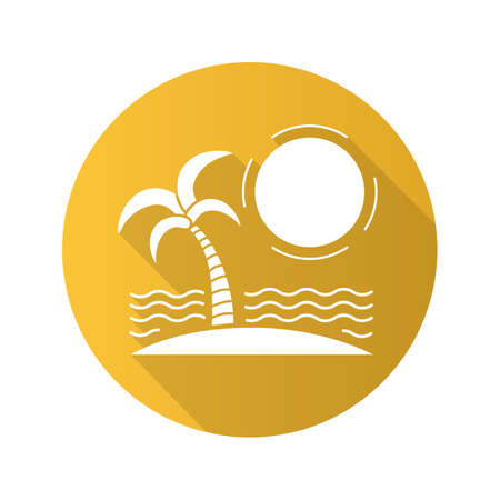 Tropical island flat design long shadow icon. Seashore with sun, waves and palm tree. Vector silhouette symbolのイラスト素材