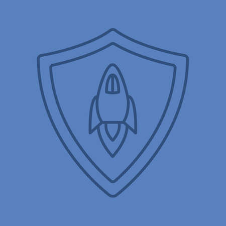 Startup projects protection color linear icon. Security shield with spaceship. Thin line contour symbols on color background. Vector illustrationのイラスト素材