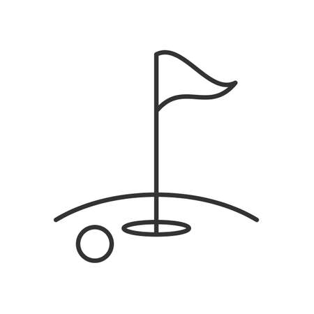 Golf course linear icon. Thin line illustration. Golf ball, flagstick in hole. Contour symbol. Vector isolated outline drawingのイラスト素材