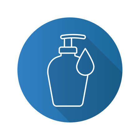 Liquid soap bottle with drop. Flat linear long shadow icon. Shower gel. Vector line symbolのイラスト素材