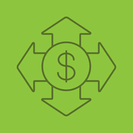 Money spending color linear icon. Expanses. USA dollar with all direction arrows. Thin line outline symbols on color background. Vector illustrationのイラスト素材
