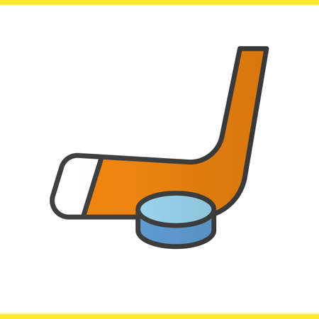 Ice hockey equipment color icon. Hockey puck and stick. Isolated vector illustrationのイラスト素材