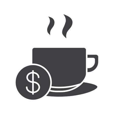 Buy cup of tea glyph icon. Silhouette symbol. Hot steaming mug with dollar sign. Negative space. Vector isolated illustrationのイラスト素材
