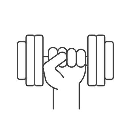 Hand holding gym barbell linear icon. Thin line illustration. Fitness and workout contour symbol. Vector isolated outline drawingのイラスト素材